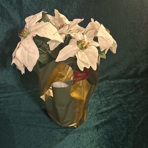 Holiday Floral Group: Potted White Poinsettia and Decorative Holiday Pick NWT